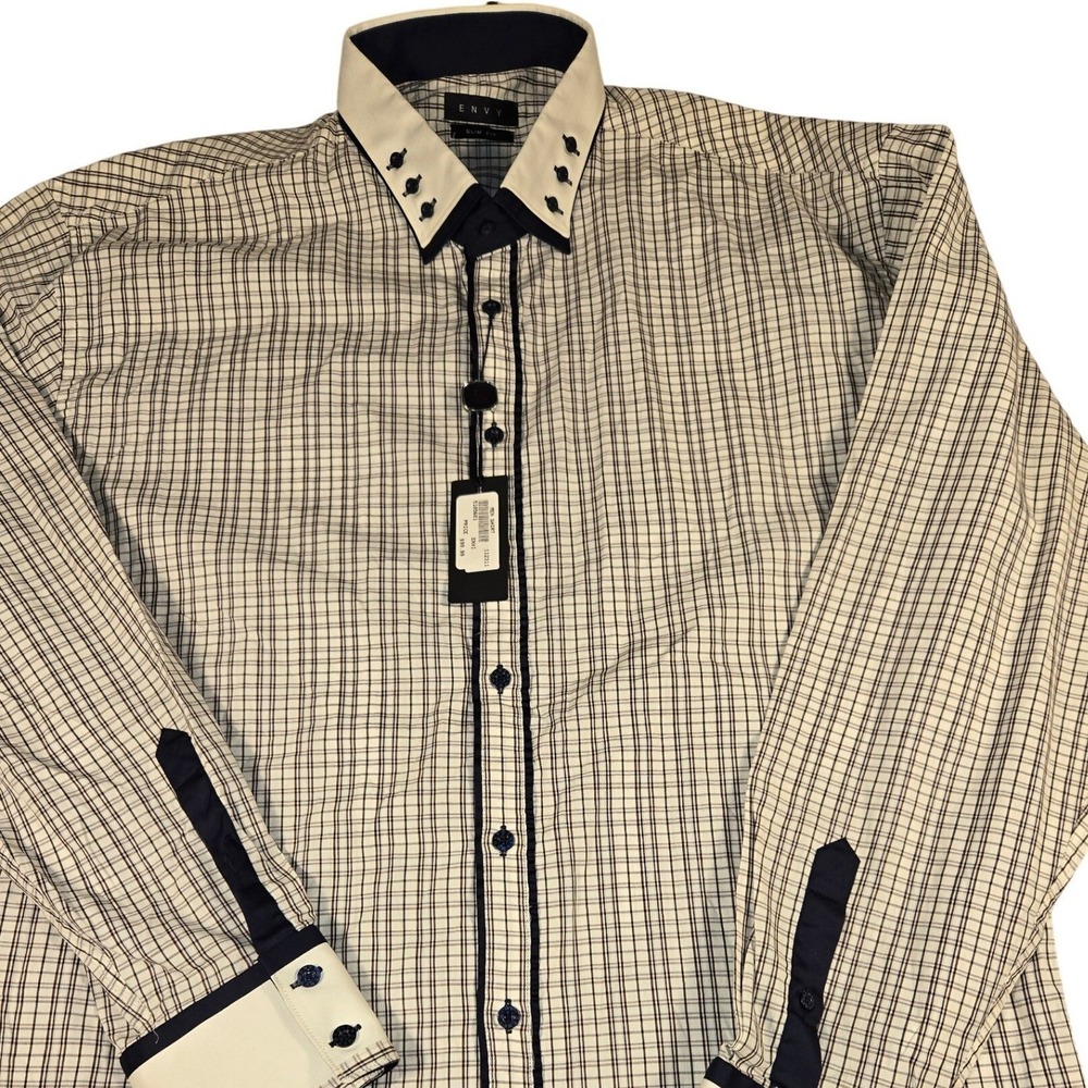 Envy Mens Plaid Long Sleeve Button Down Shirt White Navy Burgundy Contrast Cuffs